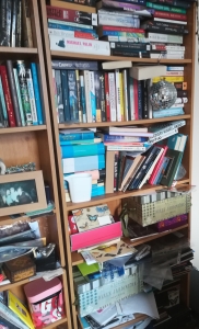 Image of cluttered bookshelves.